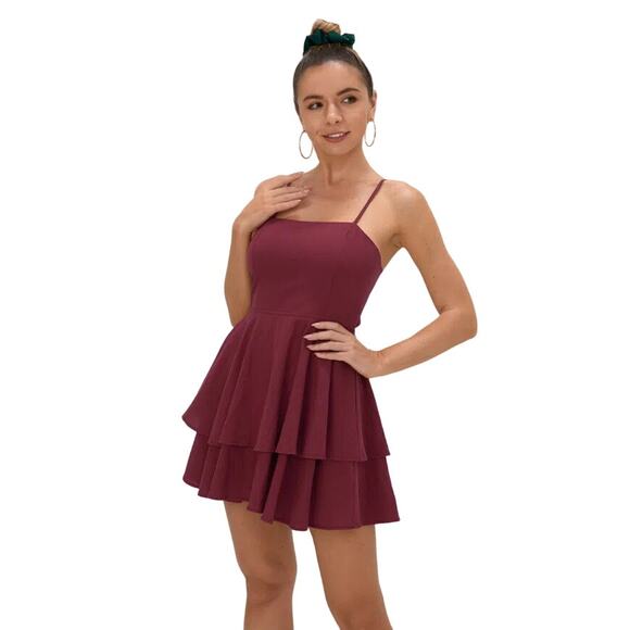 HALARA Adjustable Strap Tie Back Tiered Ruffle Flowy Mini Dress Red Medium NEW - Picture 1 of 8